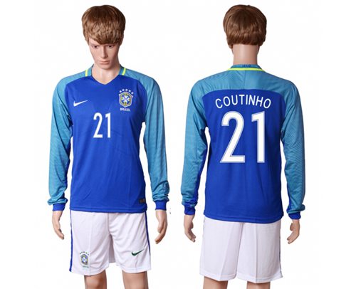 Brazil #21 Coutinho Away Long Sleeves Soccer Country Jersey